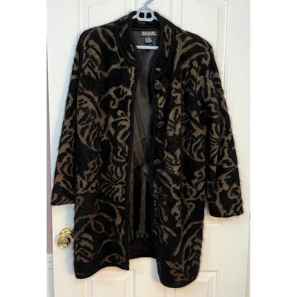 VENESHA Black & Brown Angora Thigh Length Patterned Sweater Jacket Size Small